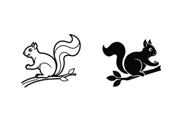 Black And White Squirrel Silhouette Vector Design On Tree Branch Illustration