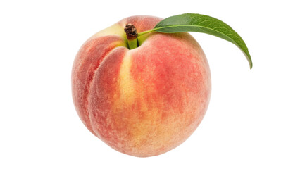 A ripe peach with a velvety skin, showcasing a blend of yellow and pink hues, accompanied by a green leaf.