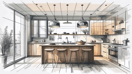 Wooden kitchen with island interior drawing, illustration. Hand drawn interior sketch
