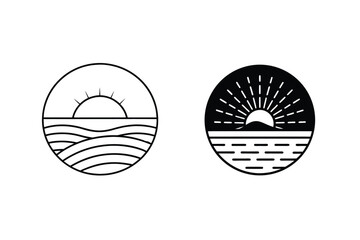 Abstract Ocean Sunset Sunrise Line Art Icon Set Minimalist Geometric Design