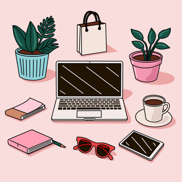 Computer Desktop Business Icon Set with Modern Laptop Mockup Front View, Tablet, Notepads, Plants, Coffee Cup, Glasses and Bag on Pink Background