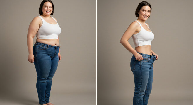 Comparative photo of a woman's full body before and after weight loss, with a white background and a natural appearance.