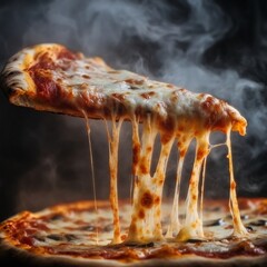 mouthwatering cheese pull: hot pizza slice, oven, food photography