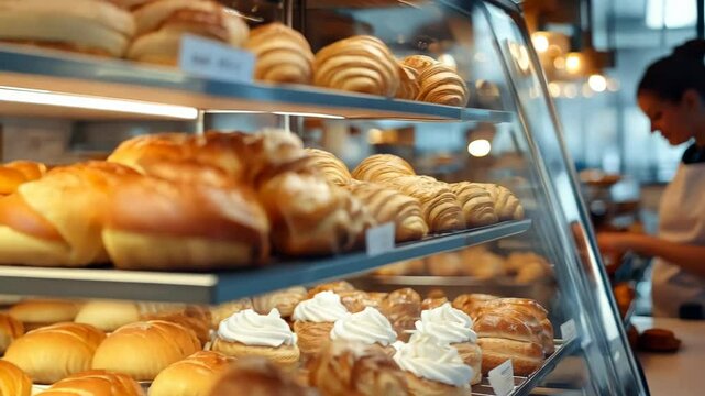 A cozy bakery display of fresh pastries and a dedicated worker invites customers for treats