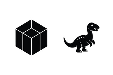 Cube And Dinosaur Black Silhouettes Minimalistic Design On White Background