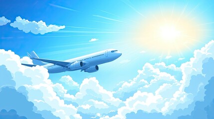 Naklejka premium Modern airplane soaring into a bright blue sky with fluffy clouds, representing travel, aviation, and adventure