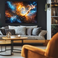 Stunning galactic explosion in vibrant colors displayed in a modern living space showcasing cosmic beauty and inspiration