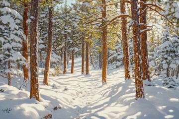 Snow-covered pine forest with sunlight filtering through the trees.