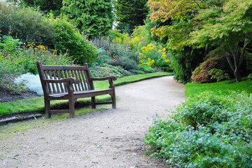 Beautiful English style garden with a pathway, wooden bench, colourful flowers and green leafy plants and trees