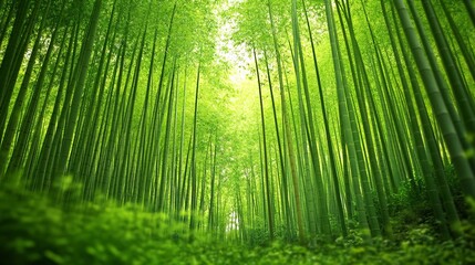 Fototapeta premium Lush bamboo forest path, sunlight filters through leaves, serene nature scene, ideal for travel or nature documentaries