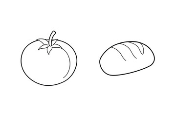 Minimalist Line Art Of Tomato And Bread Isolated On White Background