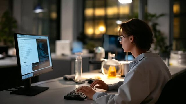 A programmer coding a robo-advisor algorithm in a quiet evening lab
