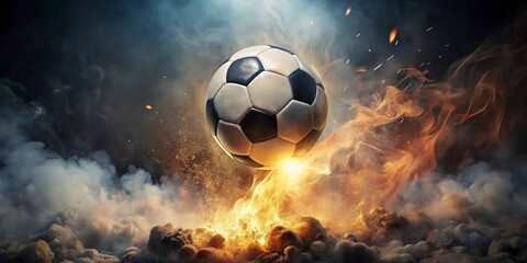 Fototapeta premium Fiery Soccer Ball Descending Through Smoke and Embers, a Dramatic Image of Intense Action and Competition