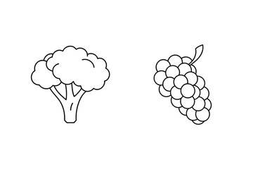 Simple Outline Illustration Of Broccoli And Grapes On A White Background
