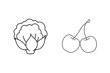 Cauliflower And Cherries Outline Vector Illustration Minimalist Food Drawing Design