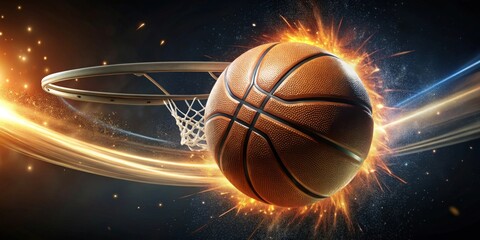 A Fiery Basketball Swishing Through the Hoop with Energetic Trails of Light and Sparkles