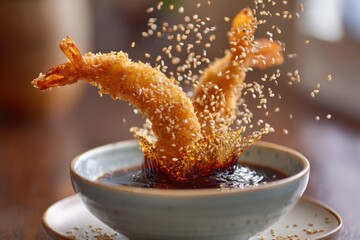 Crispy tempura shrimp splashing into soy sauce with sesame seeds flying
