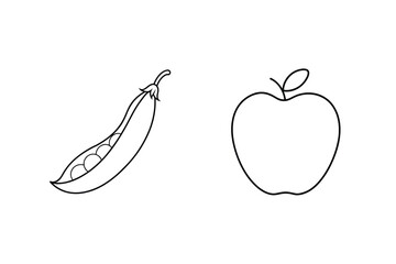 Simple Line Art Of Pea Pod And Apple Minimalist Black Outline