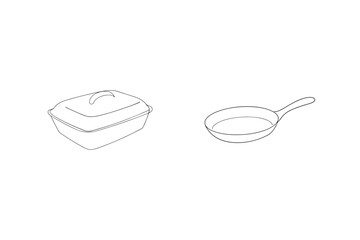 Outline Illustration Of Cooking Pot With Lid And Frying Pan Minimalist
