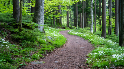 Obraz premium Forest Path With White Flowers In Spring