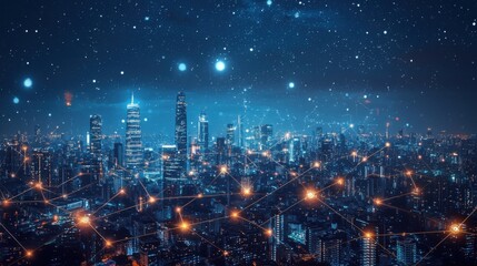 Futuristic City Skyline with Network Connections and Night Sky