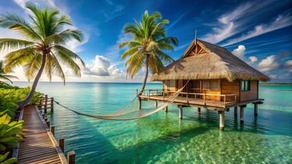 Fototapeta premium Serene Overwater Bungalow with Hammock and Lush Tropical Palms under a Vibrant Sky