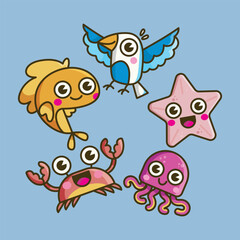 cute beach animal collection set in isolated background