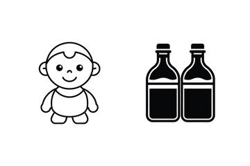 Cute Cartoon Baby With Milk Bottles Illustration In Black And White Style