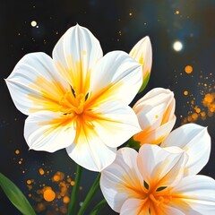 Abstract Dynamic motion, dreamlike surreal painting White flowers with golden accents, close-up view, intricate details, dark background with gold splashes art illustration design