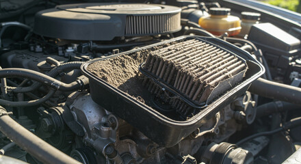 Car engine with dirty air filter needing maintenance, fixing car  