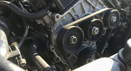 Engine maintenance showing pulleys and belts in a car, fixing car  