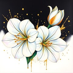 Abstract Dynamic motion, dreamlike surreal painting White flowers with golden accents, close-up view, intricate details, dark background with gold splashes art illustration design