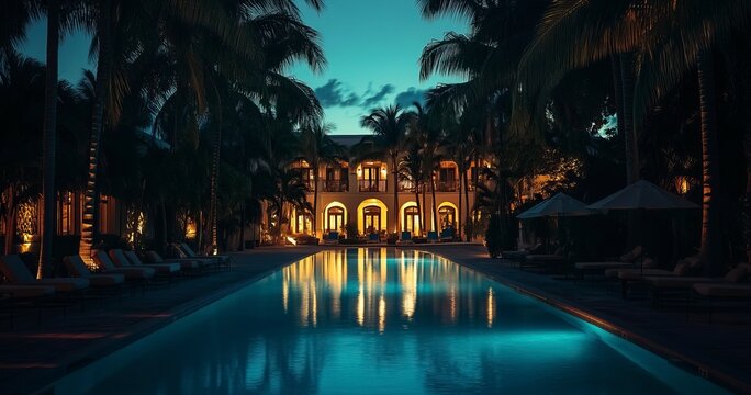 Landscape view of a luxury hotel with a swimming pool in Miami Beach, Florida at night. Luxury resort or beach hotel exterior with palm trees and outdoor seating during the evening. Andrey Bayda) 