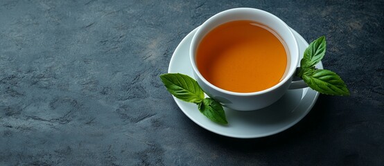 On a gray table, a cup of green tea with leaves is situated, creating an ideal area for adding text in the copy space image
