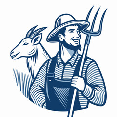 Naklejka premium Create a vector illustration of a smiling goat farmer, bold black outlines, strong strokes, cheerful expression, rustic clothing.