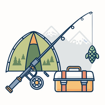 fishing rod, tent, fish, mountain scene clip art preview