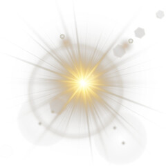 Obraz premium Sunlight glare expands in soft transparent radial pattern. Golden star flash beams with yellow radiant burst. Lens flare adds warmth to clean modern compositions. Realistic overlay