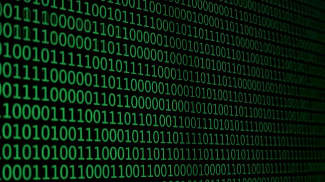 The backdrop features an intricate pattern of binary code in shades of green, creating a digital aesthetic that symbolizes technology and data processing.