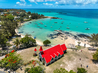 Red-roof church by the lagoon in Mauritius © Collab Media