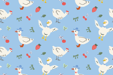 Charming cottagecore pattern with farm animals and fruits for textile design.