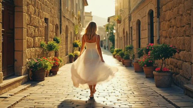 Young Woman in Flowing White Dress Explores Picturesque European Town at Golden Sunset