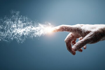 Human finger touching digital network