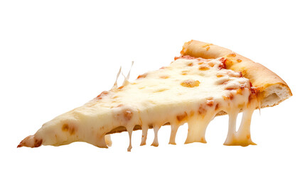Flying pizza slices on white background with pepperoni, olives, melting cheese, and basil leaves.