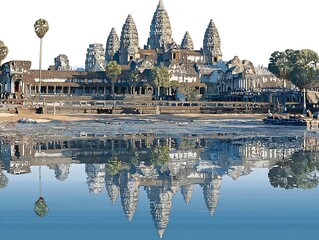 Fototapeta premium A temple complex is reflected in water.