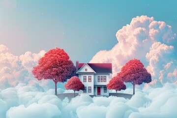 A house with a large roof and a balcony with a tree in the middle ,Beautiful landscape with old house and red poppies field