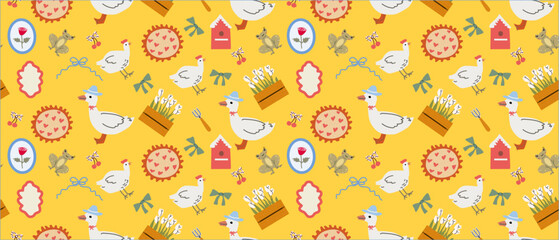 Charming cottage decor pattern with chickens and garden tools.