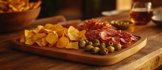 Relax with friends at the bar while enjoying a range of snacks including chips, nachos, pistachios, and salami, accompanied by drinks, as seen in this image with selective background and copy space