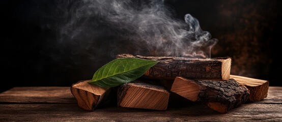 A pile of aromatic sandalwood logs set against a rural backdrop ideal for a blank space picture