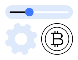 Obraz premium Blue gear, Bitcoin icon, and adjustable slider in simple flat style. Ideal for cryptocurrency, financial settings, blockchain configuration, fintech tools, digital economy, investment flat simple
