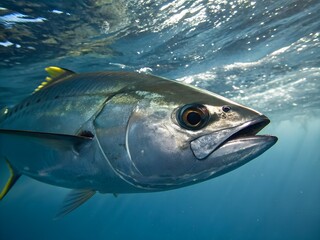 Obraz premium Close up view of a tuna fish swimming gracefully in deep ocean waters